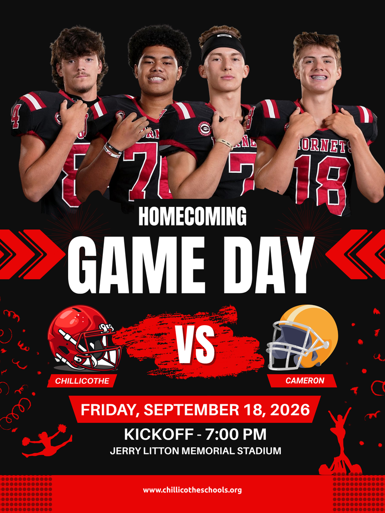 A sports graphic highlighting tonight's football game between the Chillicothe Hornets and the Cameron Dragons at Jerry Litton Memorial Field. Kickoff is at 7 PM. Exra Leppin, Marvin Latu, Dallyn Bailey, Tristan Johnson.