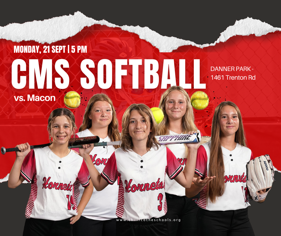 A sports graphic showing that CMS Softball teams will play today, Monday, Sept. 21, 2026 at Danner Park vs. Macon. Annisten Horton, Samantha McBee, Honor Herren, Lindsey Martin, Addilyn Lebsack.