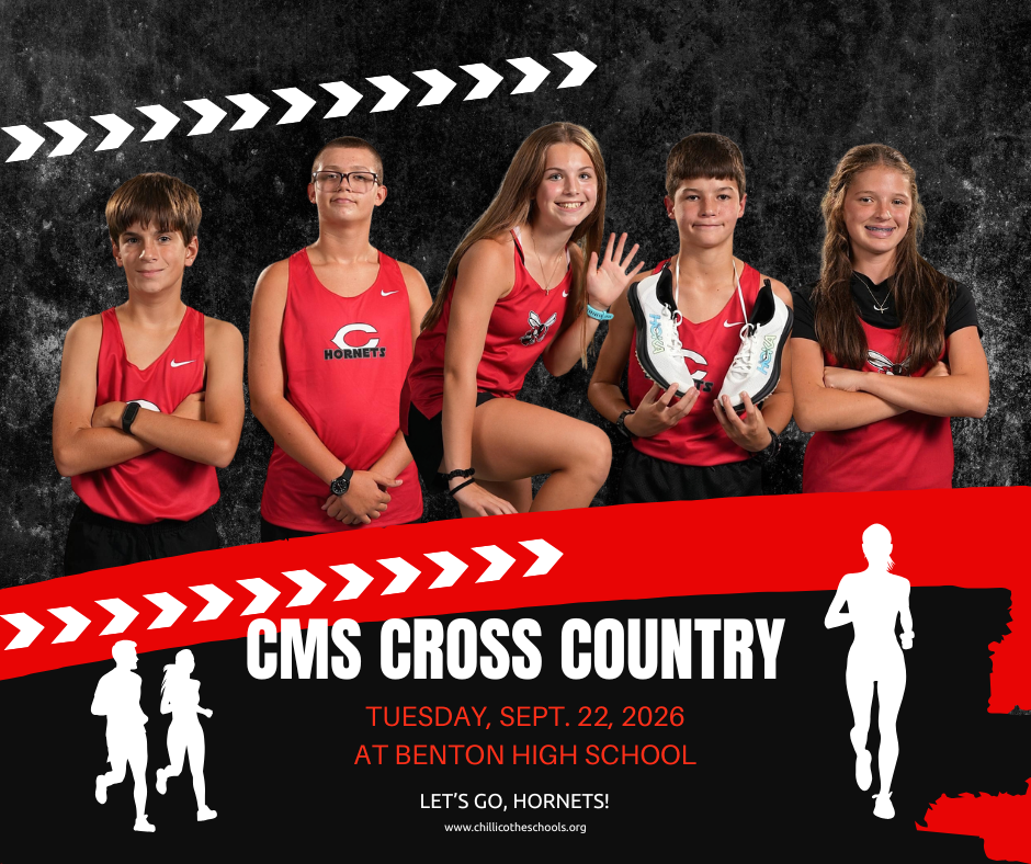 CMS Cross Country Tuesday, Sept. 22, 2026 at Benton Hiigh School. Let's Go, Hornets! www.chillicotheschools.org. Finnigan Ireland, Isaiah Hamilton, Jaycee Dickson, Jace Brotherton and Nella Beetsma.