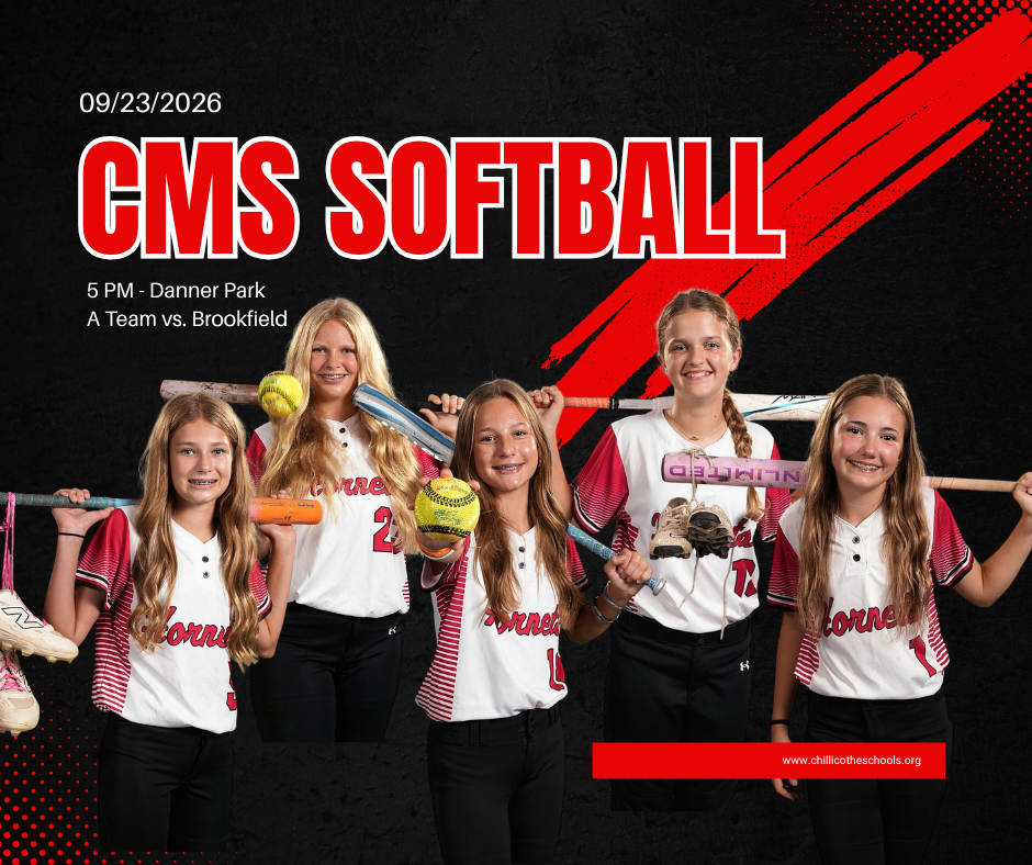 A sports graphic. 09/23/2026 CMS Softball 5 PM Danner Park. A Team vs. Brookfield. Madilyn McGraw, Rian McLey, Sophie riggle, Lillian Rodenberg and Sophia Stacy.