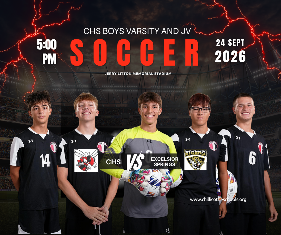 A sports graphic showing Mason Walter, Anthony Trantham, Mark Rickert,  Hyun Lee, Jace Collins. CHS Boys Varsity and JV Soccer 5 PM Sept. 24, 2026 at Jerry Litton Memorial Stadium. www.chillicotheschools.org