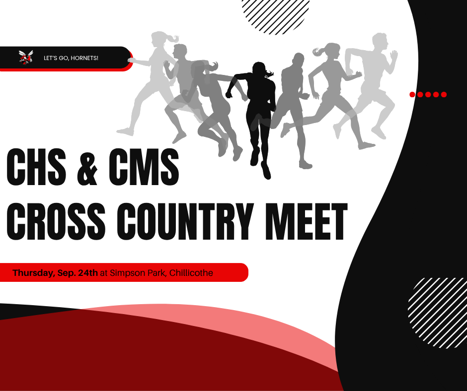 A sports graphic showing silhouettes of runners. CHS and CMS Cross Country Meet Thursday, Sept. 24th at Simpson Park, Chillicothe. Let's Go, Hornets!