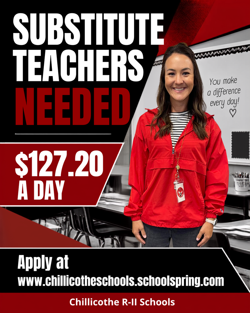 Whitney Tan, one of Chillicothe R-II School District's substitute teachers is featured on this graphic that shows a classroom in the background. Substitute Teachers Needed. $127.20 a day. Apply at www.chillicotheschools.schoolspring.com.