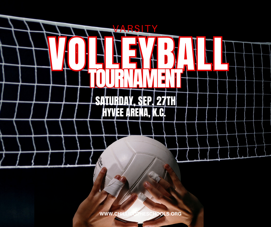 A sports graphic showing a volleyball net and then two hands taped up setting the volleyball. Varsity Volleyball Tournament Saturday, Sept. 27. Hyvee Arena, K.C.