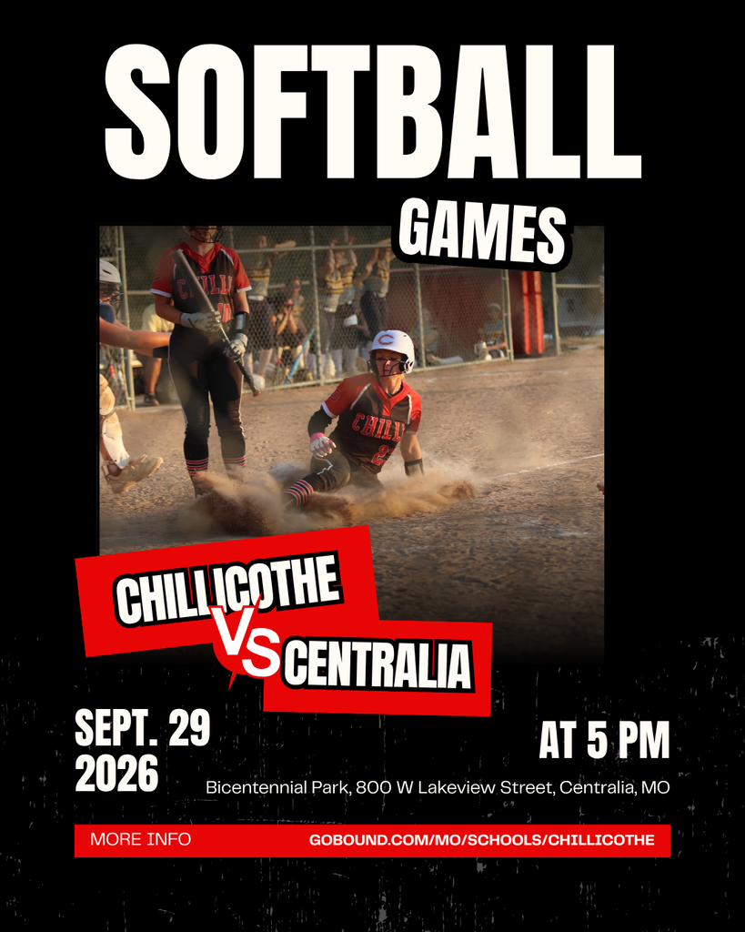 A sports graphic showing a CHS Hornet Softball player sliding into home plate. Softball Games. Chillicoteh vs. Centralia Sept. 29, 2026 at 5 PM. Bicentennial Park, 800 W Lakeview Street, Centralia, MO. More Info: Gobound.com.mo/schools/chillicothe