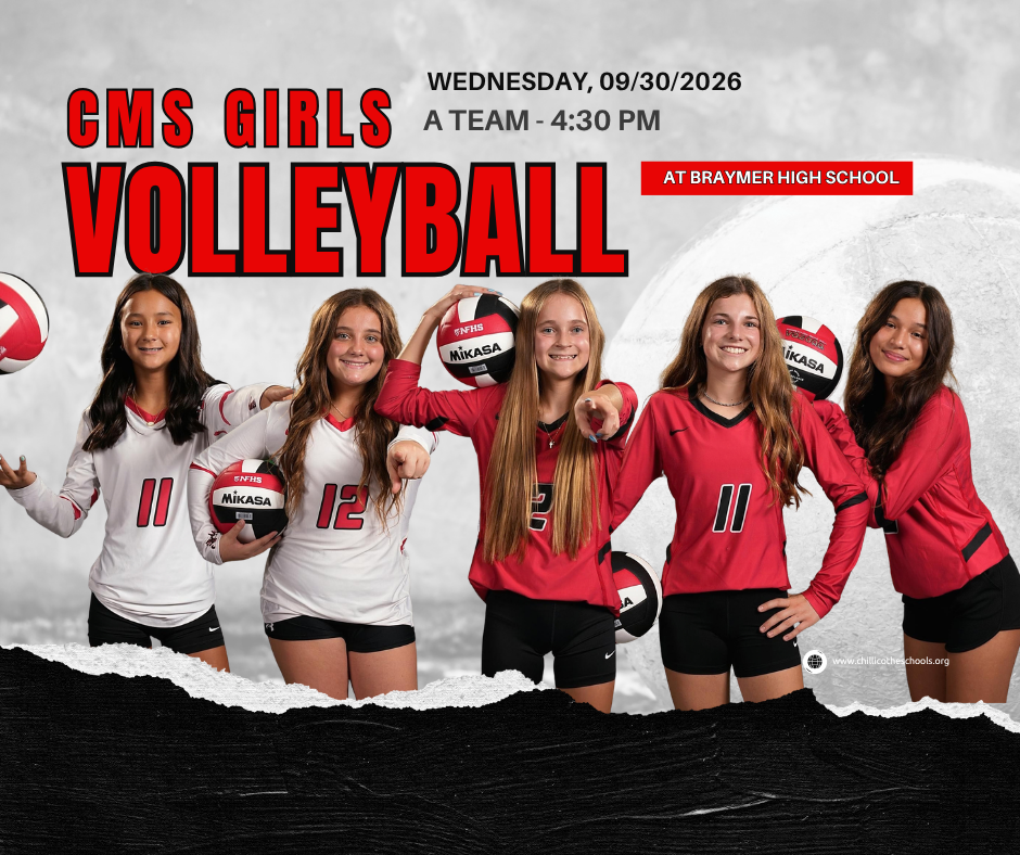 A White Background with a black strip on the bottom. CMS Girls Volleyball Wednesday, 09/30/2026 a Team - 4:30 PM at Braymer High School.  Elaine Tan, Tilly Smith, Chloe Wolf, Cambry Woodworth and Tawanda Spainhour