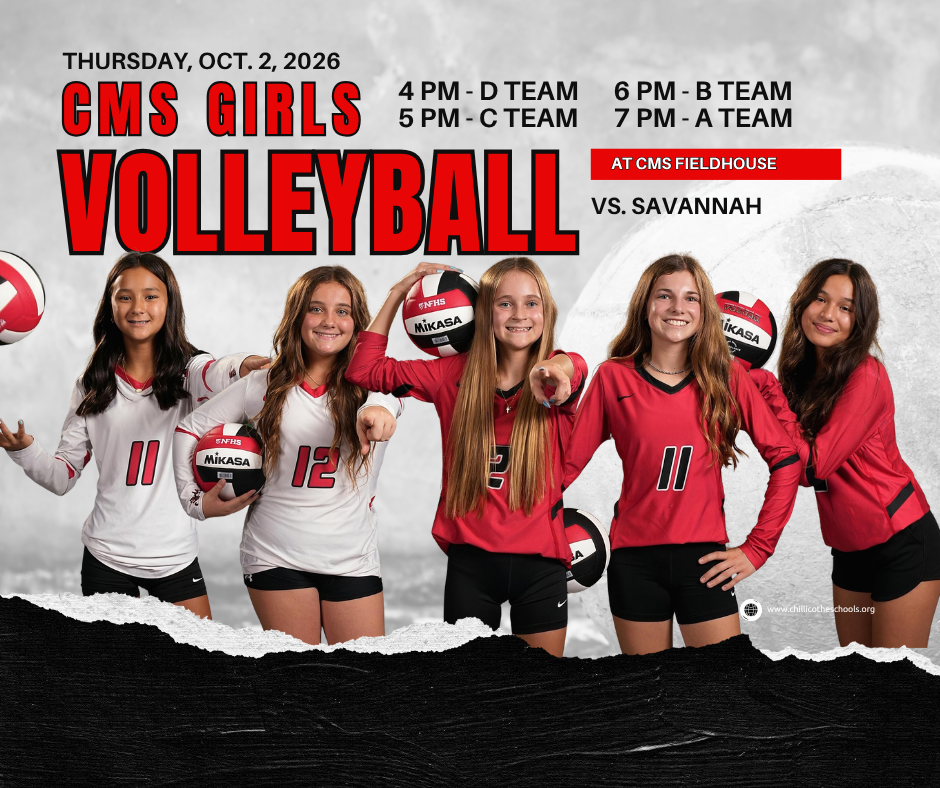 A White Background with a black strip on the bottom. CMS Girls Volleyball Wednesday, 09/30/2026 a Team - 4:30 PM at Braymer High School.  Elaine Tan, Tilly Smith, Chloe Wolf, Cambry Woodworth and Tawanda Spainhour
