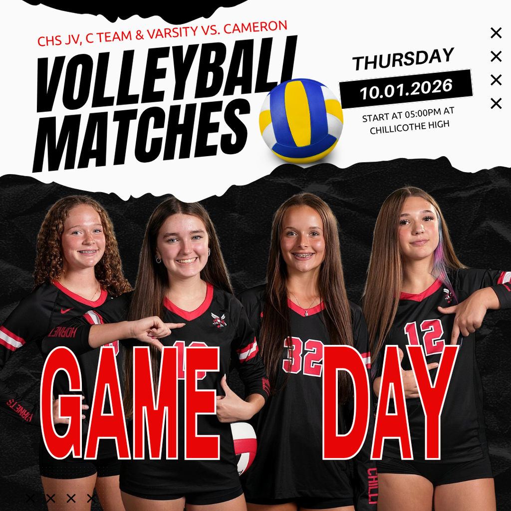 A sports graphic with a black background and a white strip at the top. CHS JV, C Team and Varsity vs. Cameron Thursday, 10.01.2026 start at 5 PM at Chillicothe High School. Blaire Beetsma, Aislynn Burch, Zuri Moore and Quinsie Lake.