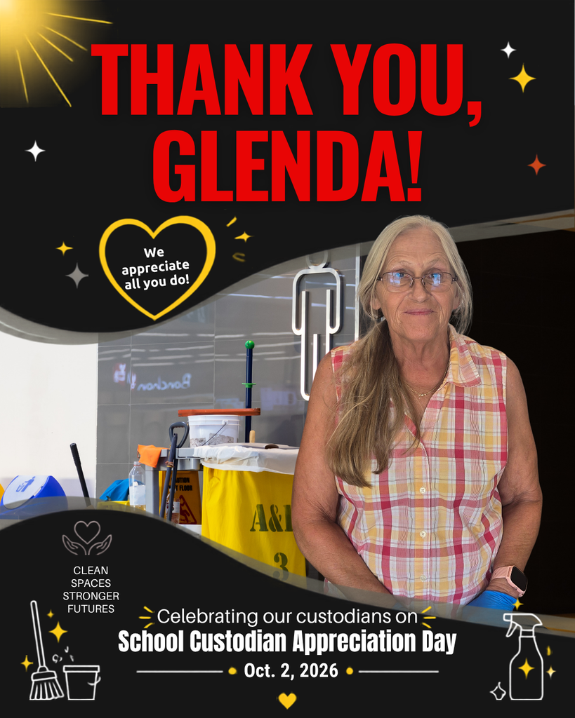 A picture of R-II Administrative Offices custodian Glenda Haynes. A custodial cart is in the background. Thank You, Glenda! We appreciate all you do! Celebrating  our custodians on School Custodian Appreciation Day, Oct. 2, 2026. Clean Spaces, Stonger Futures.