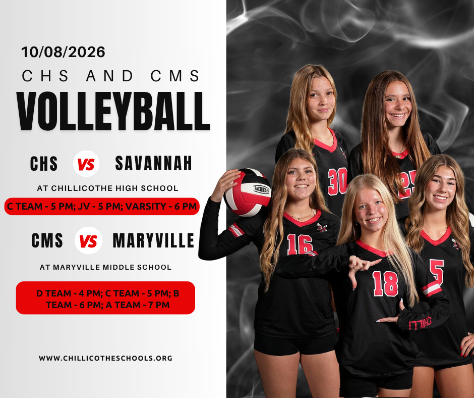 A Black background with white smoke. 10/08/2026. CHS and CMS Volleyball. CHS vs. Savannah at Chillicothe High School . JV and C Teams play at 5 PM, fofllowed by the Varsity at 6 PM. CMS plays Maryville at Maryville Middle  School. D Team plays at 4 PM, C Team plays at 5 PM. B Team plays at 6 PM and A Team plays at 7 PM.  Avery Greener, Finley Hansen and Addison George with  Harper Cowan and Reese DePuy.