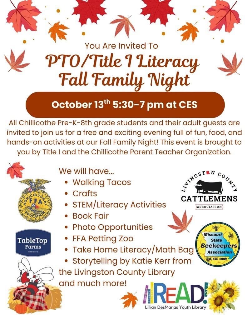 Mark your calendars, CES families! Elementary and Middle School parents—please plan to join us for our PTO/Title I Literacy Fall Family Night on Tuesday, Oct. 13 from 5:30–7:00 PM at CES.  It’s going to be a fun evening for the whole family with crafts, a book fair, STEM & literacy activities, storytelling, a petting zoo, and food! Come make memories, support literacy, and enjoy time together as a school community.  We can’t wait to see you there!