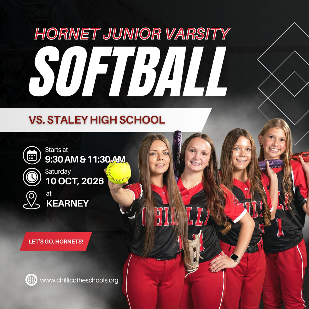 A sports graphic with a black background with smoke in the background. Hornet Junior Varsity Softball vs. Staley High School. Starts at 9:30 AM and 11:30 AM Saturday, Oct. 10, 2026. Let's Go, Hornets! Harper Wolf, Madison Wolf, Chloe Corona, Ava Daugherty.