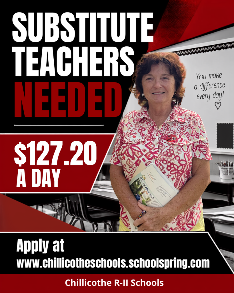 A substitute teacher in the forebround. Substitute Teachers Needed. $127.20 a day. Apply at www.chillicotheschools.schoolspring.com.
