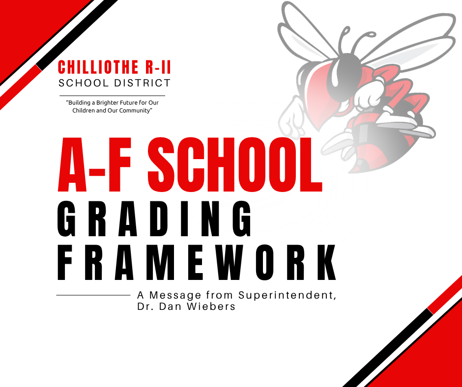 A graphic showing the Hornet Logo in the top right. Chillicothe R-II School District. "Building a Brighter Future for our District and Our Community." A-F School Grading Framework. A Message from Superintendent Dr. Dan Wiebers.
