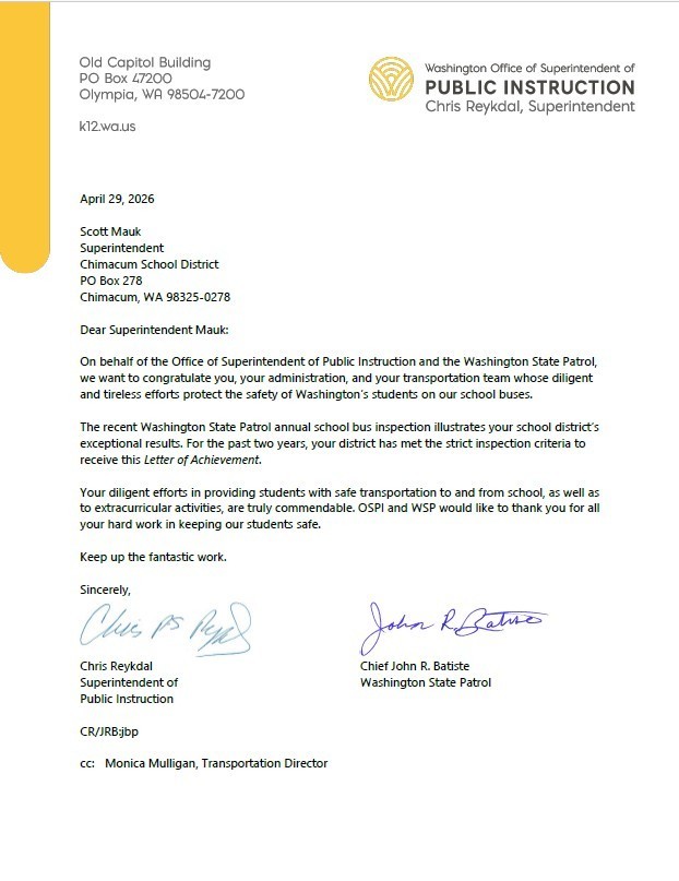 Typed letter from WA Office of Superintendent of Public Instruction, honoring Chimacum School Transportation staff for efforts to ensure kids have safe transportation.