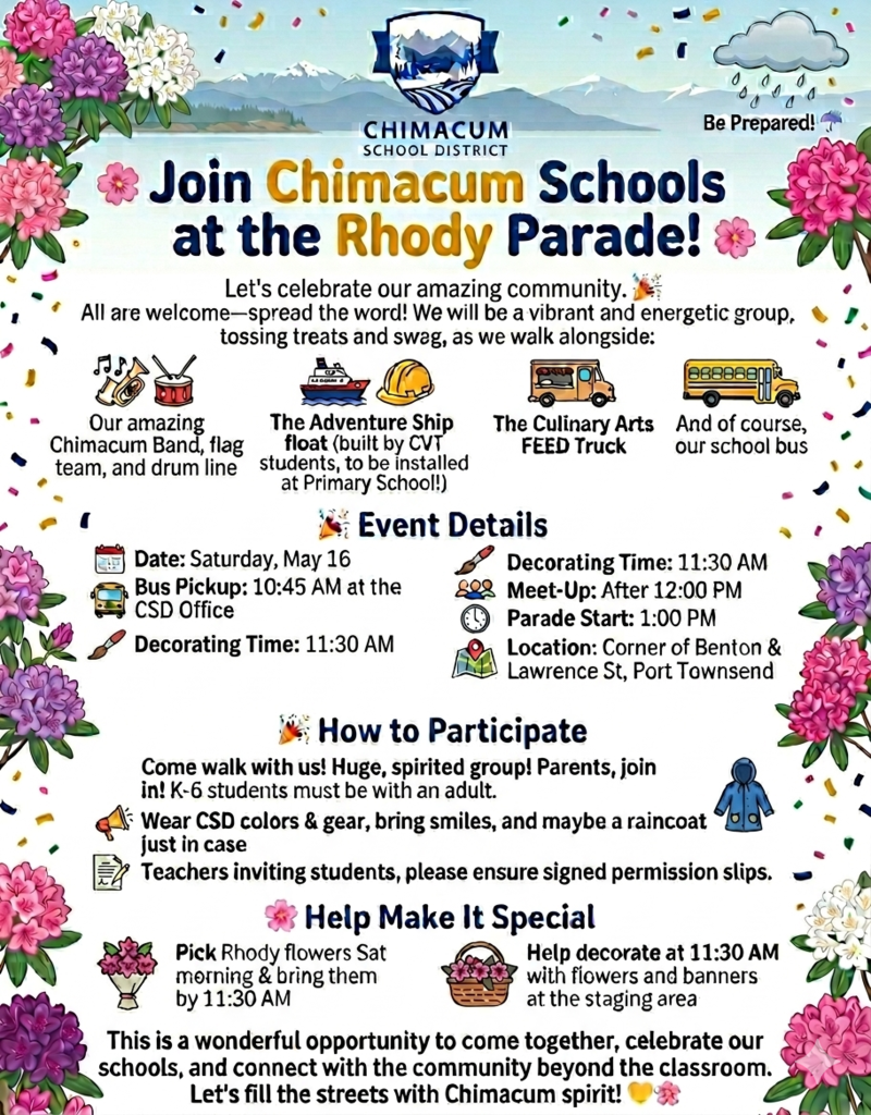 A flyer with lots of pink and purple rhody flowers, inviting everyone to join Chimacum School to walk and ride together in the parade.