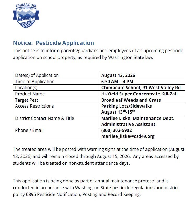 Notice for Pesticide Application on the dates of August 13-15.