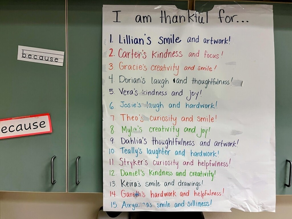 A poster in one of the CCP classrooms that tells all the things the kids are thankful for.