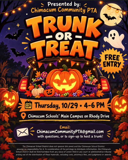 Jack-o-lantern and fall leaves for Trunk or Treat event 10/29 from 4-6