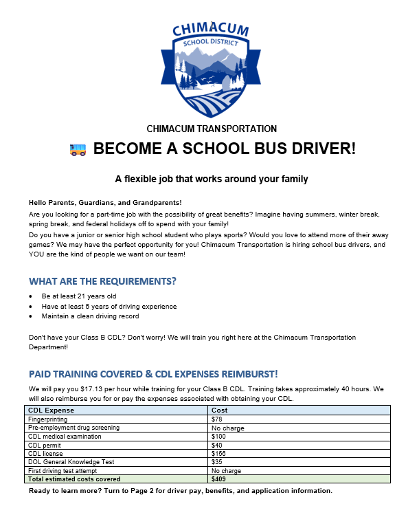 Chimacum Logo and details about being a bus driver.