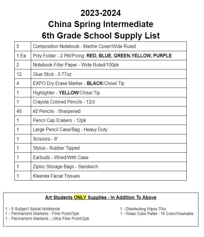 6th Grade Supply List China Spring Intermediate School