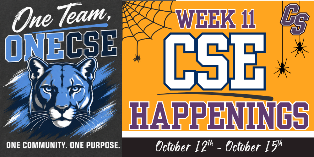 CSE Week 11 Happenings, October 12th thru 15th. One team, one CSE, One community, one purpose, with cougar logo, purple and orange background with spider web and spiders. 
