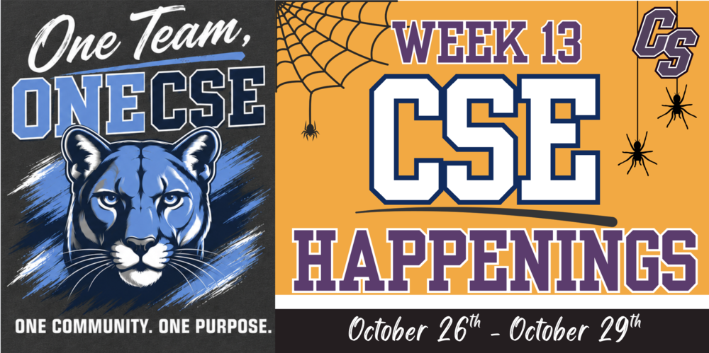 CSE Week 13 Happenings, October 26th-29th. One team, one CSE, One community, one purpose, with cougar logo, purple and orange background with spider web and spiders. 