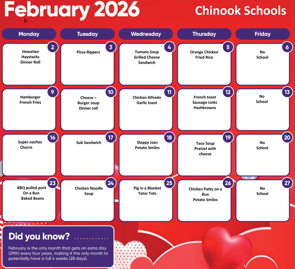 menu for february
