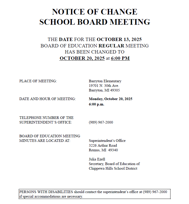 Notice of School Board Meeting Change