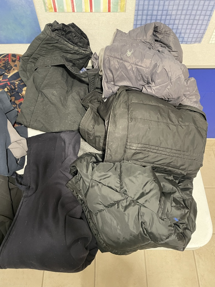 Coats, zip up, and snow pants 