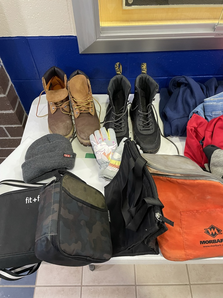 Lunch boxes, shoes, gloves, hat