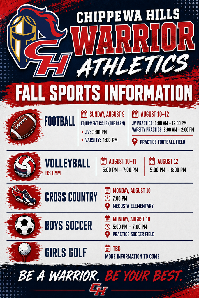 Football equipment issue on Sunday 8/9 at 3 pm for the Jv and 4 PM for Varsity. JV practice will be from 8-12 and V from 8-2. Volleyball will be from 5 to 7 in the HS gym. Cross Country will be at Mecosta Elementary at 7 PM. Boys Soccer will be from 5 pm to 7pm on the practice field and golf is TBD.