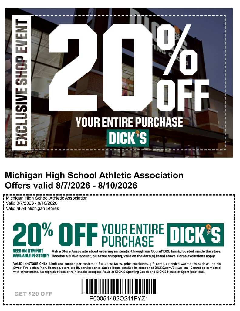 FALL SPORTS KICK OFF MONDAY! Fall sports are officially kicking off on Monday, August 10th, and we’re excited to get the season started! Need some new gear? Dick’s Sporting Goods and the MHSAA are once again partnering up to offer 20% OFF your entire purchase! 📅 August 7–10 🛍️ 20% OFF your entire purchase It’s a great time to stock up on everything you need for the upcoming season! Go Warriors!