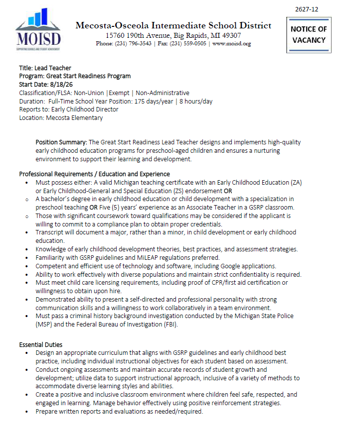 GSRP Lead Teacher Job description - pg 1