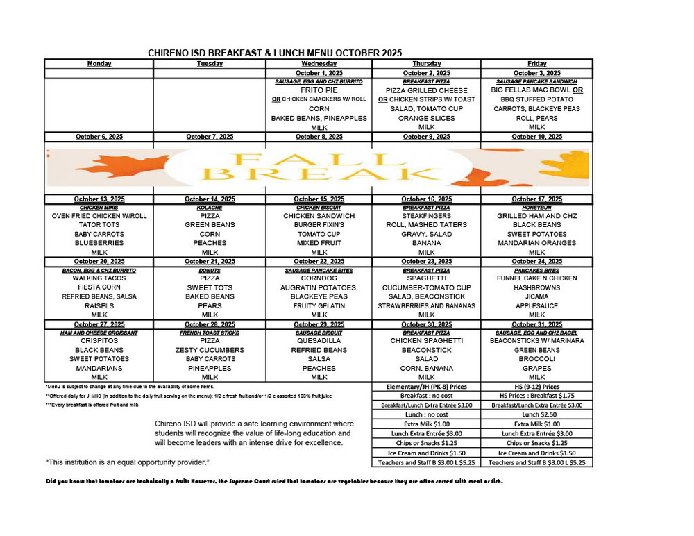 revised October menu
