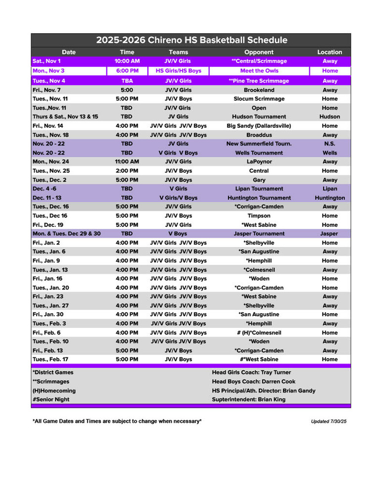 HS basketball schedule