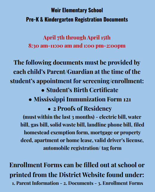 Weir Elementary School Pre-K and Kindergarten Registration for 