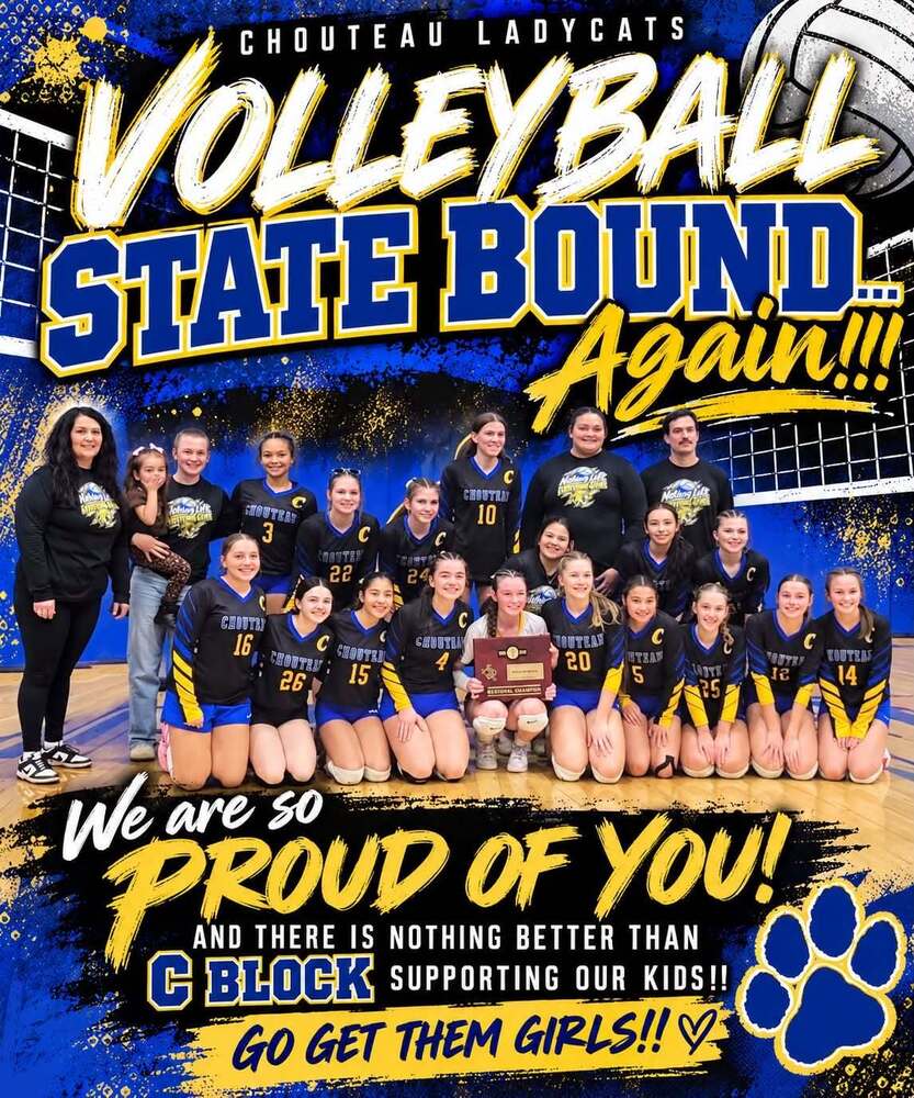 Chouteau Ladycats Volleyball is headed to State Championships again! Picture of Coach Burk and Ladycat Volleyball team.