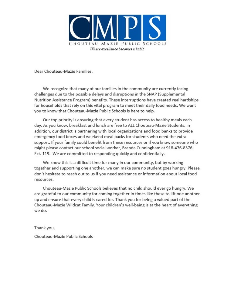 Food Assistance Letter; Call Brenda Cunningham at 918-476-8376 xt 119