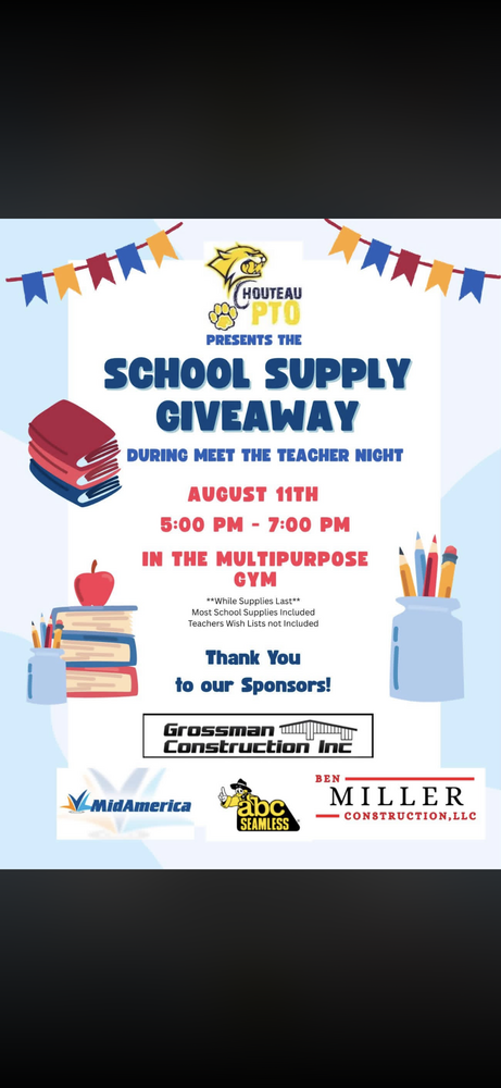School Supply Giveaway Aug 11th 5:00-7:00 Multipurpose Gym