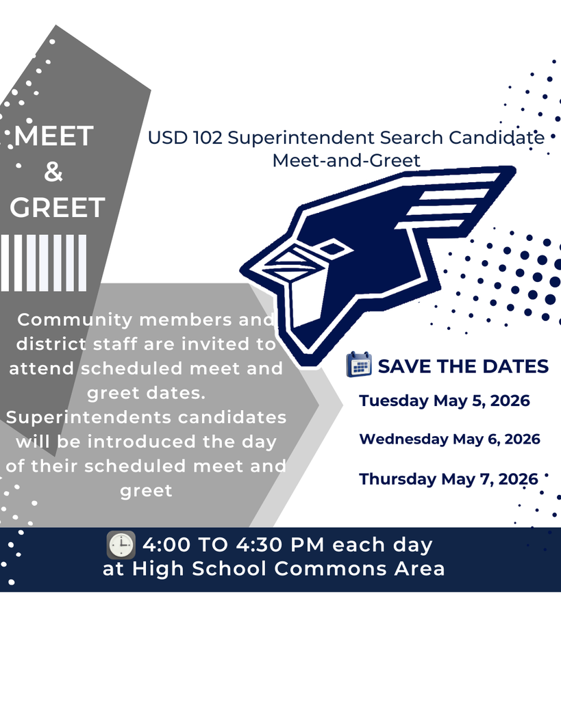 Please join us to meet the superintendent candidates. The meetings will be held on Tuesday, May 5, 2026; Wednesday, May 6, 2026; and Thursday, May 7, 2026, from 4:00 to 4:30 PM at the High School.
