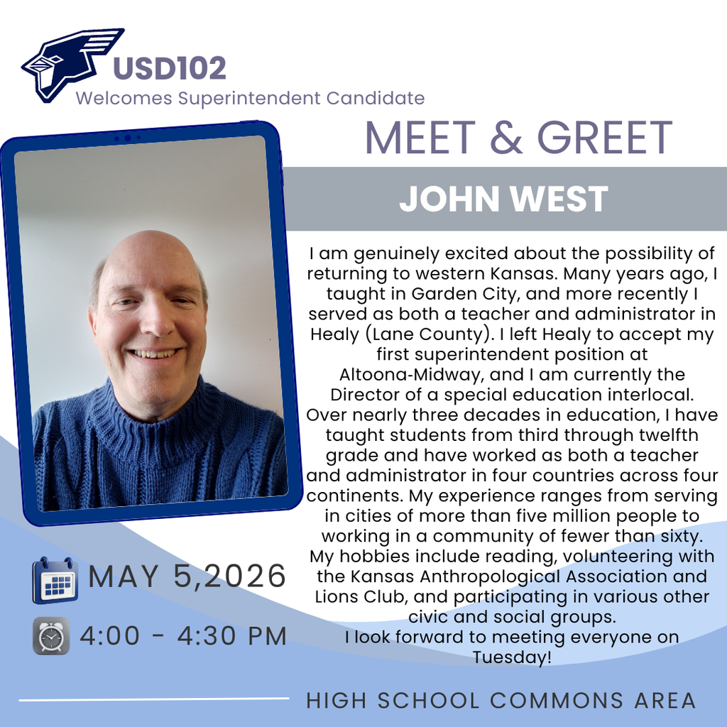 We are excited to introduce our first Superintendent candidate, John West. He will be at the High School today from 4:00 to 4:30 PM to meet everyone. We encourage you to stop by and take this opportunity to get to know him!