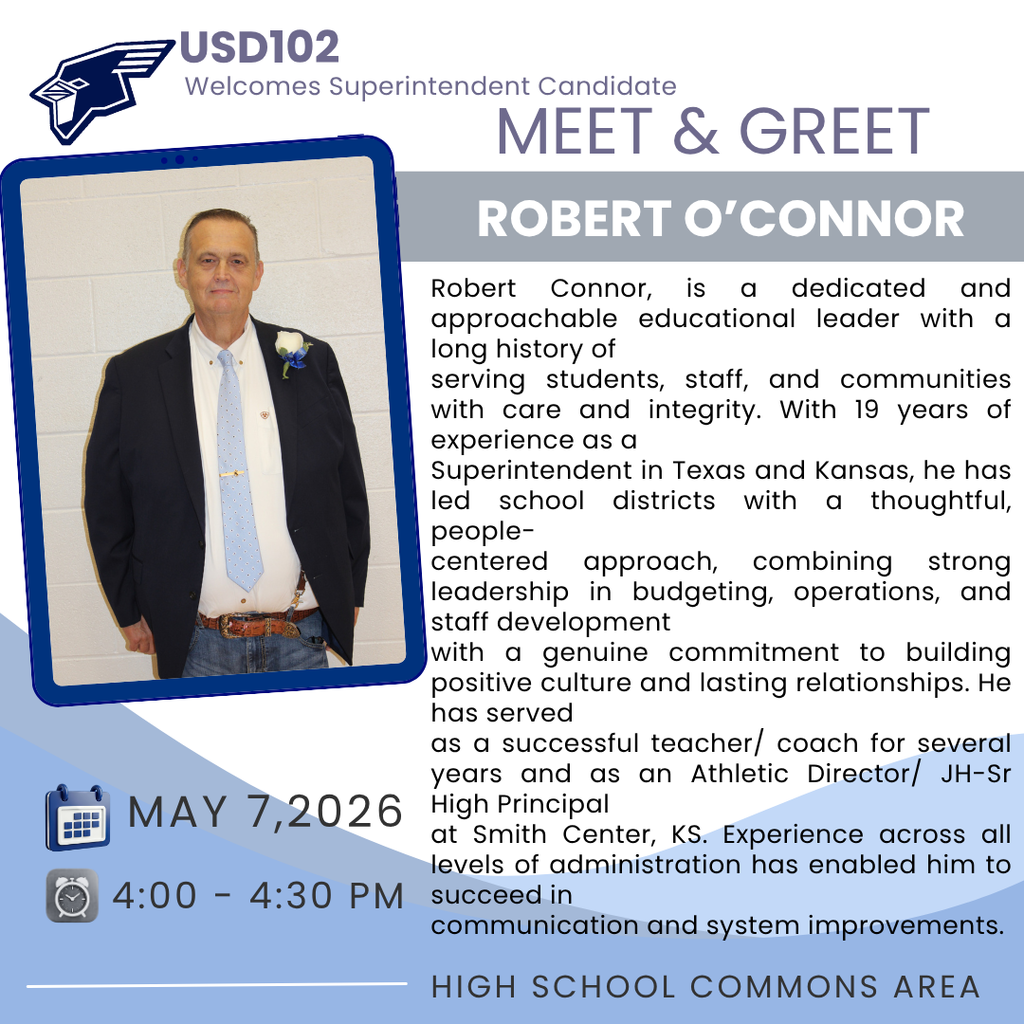 We are excited to introduce our third Superintendent Candidate, Robert O'Connor. He will be at the High School Commons Area today from 4:00 to 4:30 PM to meet everyone. We encourage you to stop by and take this opportunity to get to know him!