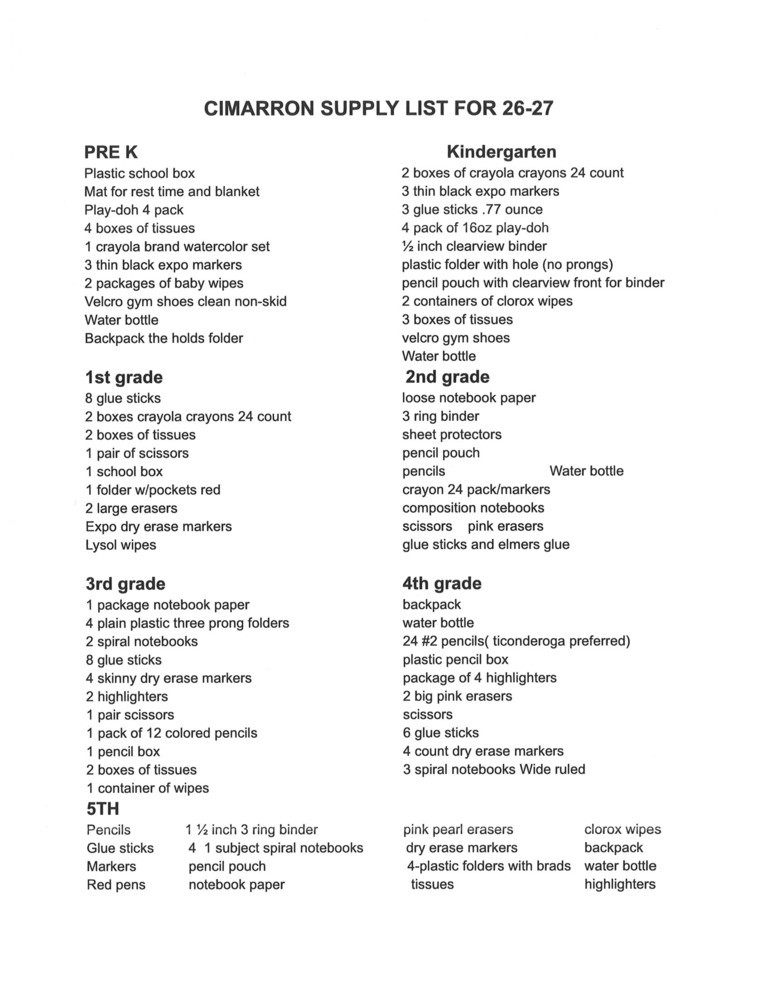 26-27 Supply list