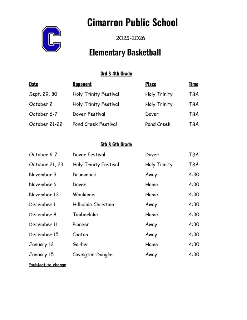 Elementary Basketball Schedule