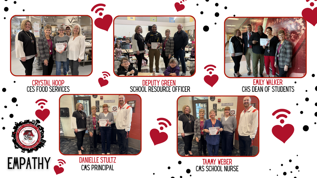 graphic showing our staff members honored for empathy. graphic is white with red and black polka dots and hearts