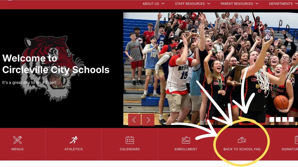screenshot of homepage showing bact to school info