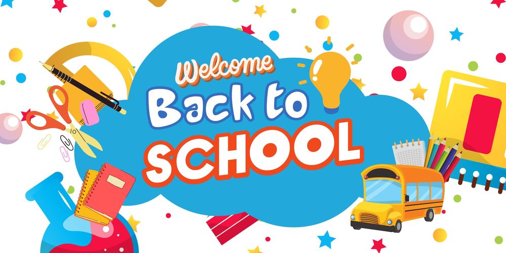 Welcome Back to School with bright background with school images of supplies and a school bus