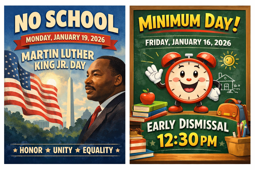Flyers announcing early dismissal on friday and no school on monday in observance of Martin Luther King Jr. 