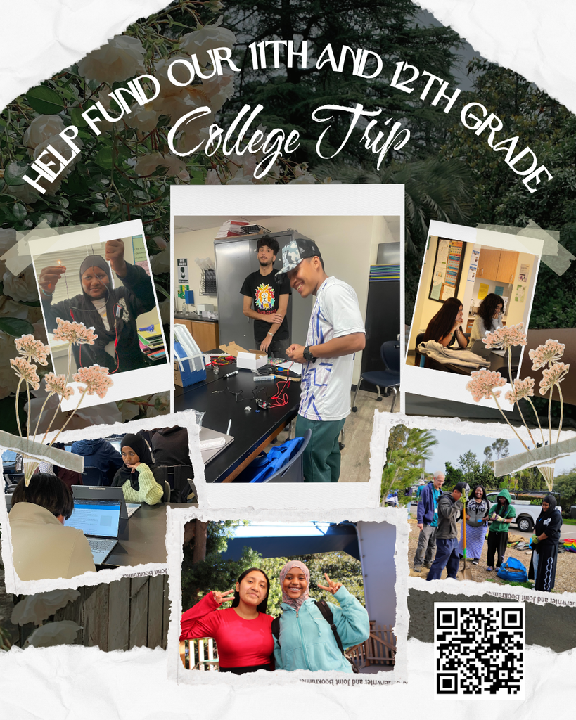 The flyer shows students in 11th and 12th grade participating in academic activities, such as conducting science experiments and completing classwork on the computer. There are also photos of students planting trees and posing with peers and smiling.